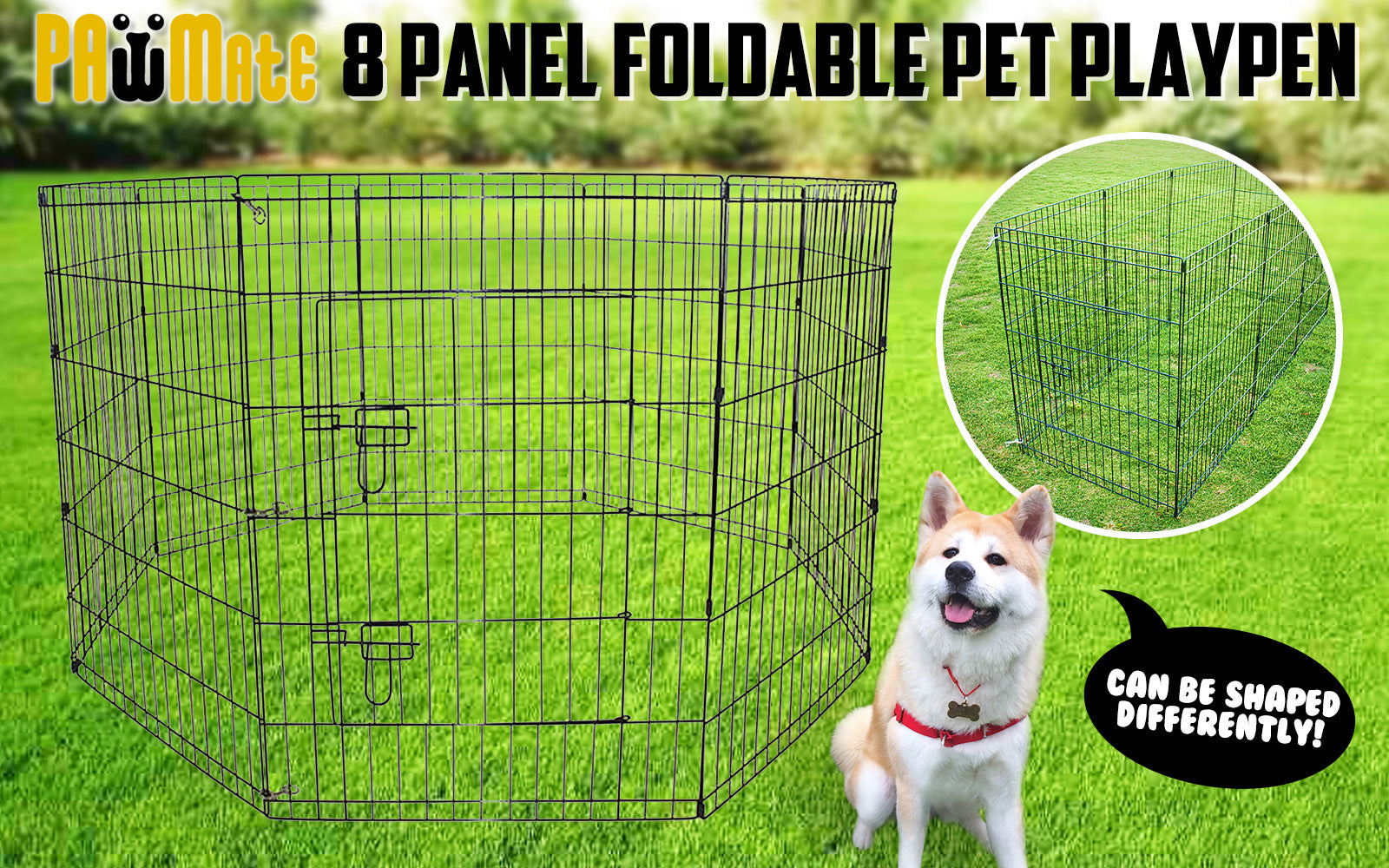 Paw Mate Pet Playpen 8 Panel 30in Foldable Dog Cage + Cover