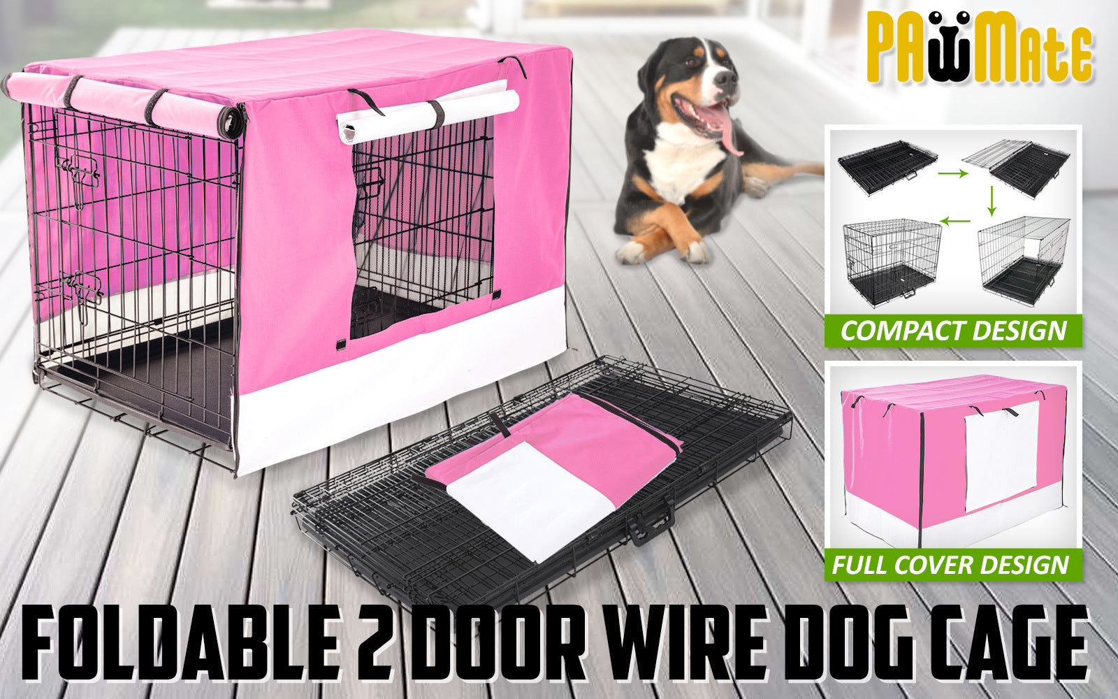 Paw Mate Wire Dog Cage Foldable Crate Kennel 36in with Tray + Pink Cover Combo