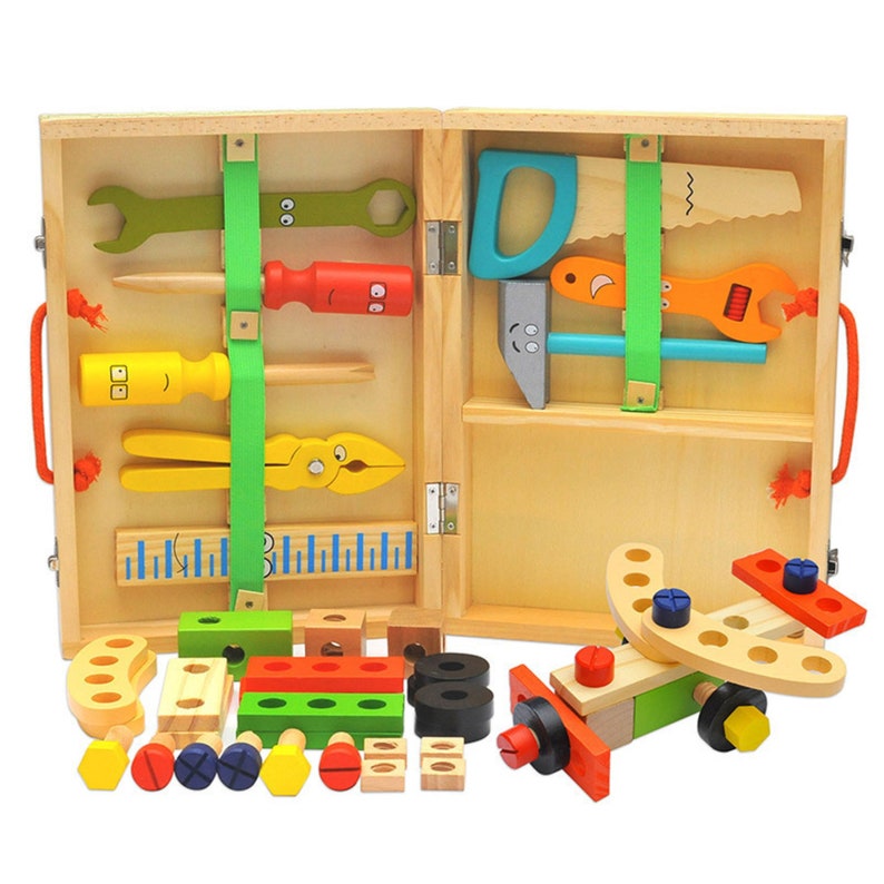 Children's pretend play build fix wood Toolbox Toy, Carpenter Traddie Set For toddlers and kids