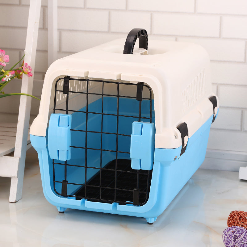 Medium Portable Plastic Dog Cat Pet Pets Carrier Travel Cage With Tray-Blue