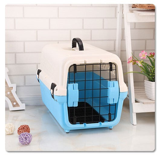 Medium Portable Plastic Dog Cat Pet Pets Carrier Travel Cage With Tray-Blue