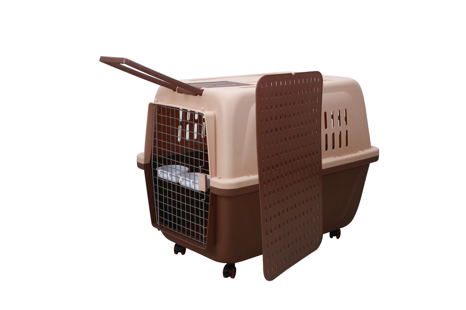 Large Plastic Kennels Pet Carrier Dog Cat Cage Crate With Handle and Wheel Brown