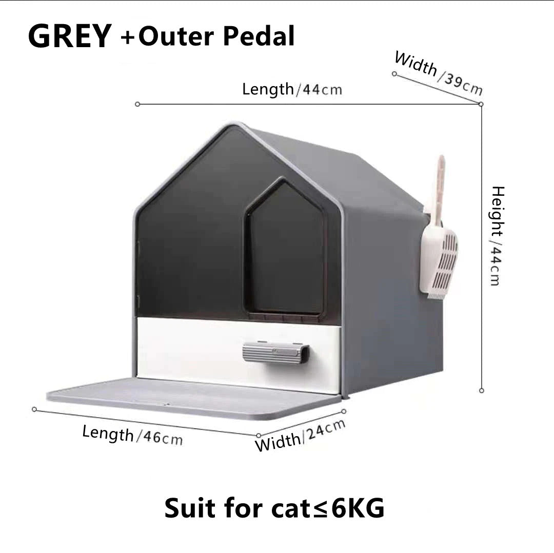 L Portable Hooded Cat Toilet Litter Box Tray House with Drawer and Scoop-Grey