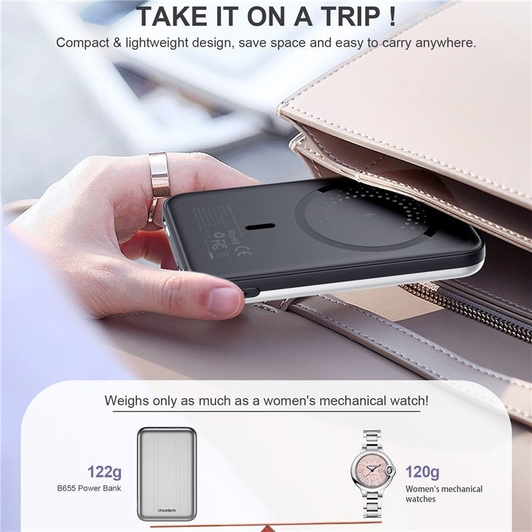 CHOETECH B655-SL 5000mAh Magnetic Wireless Power Bank 10W (Silver)