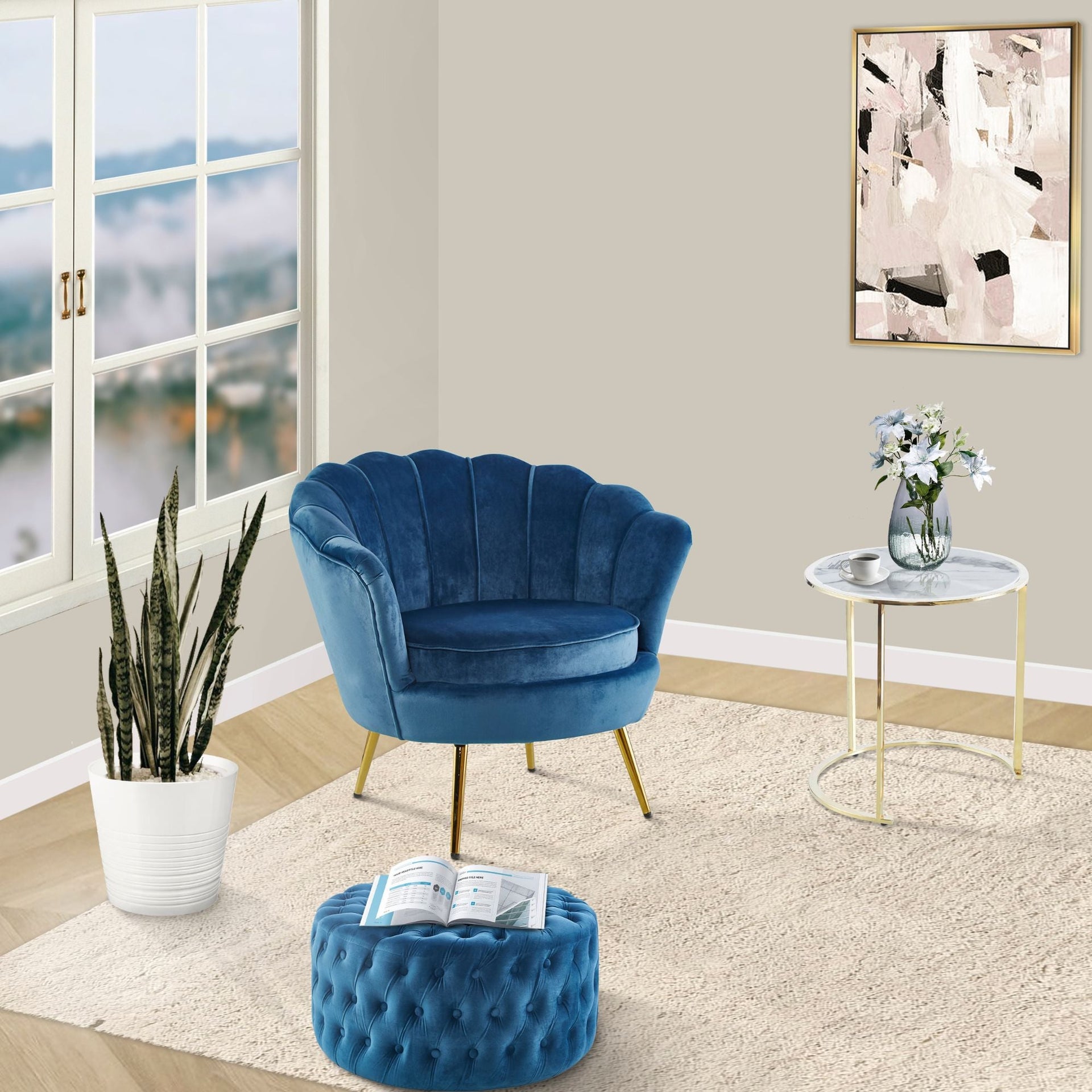 Bloomer Velvet Fabric Accent Sofa Love Chair Round Ottoman Set - Blue