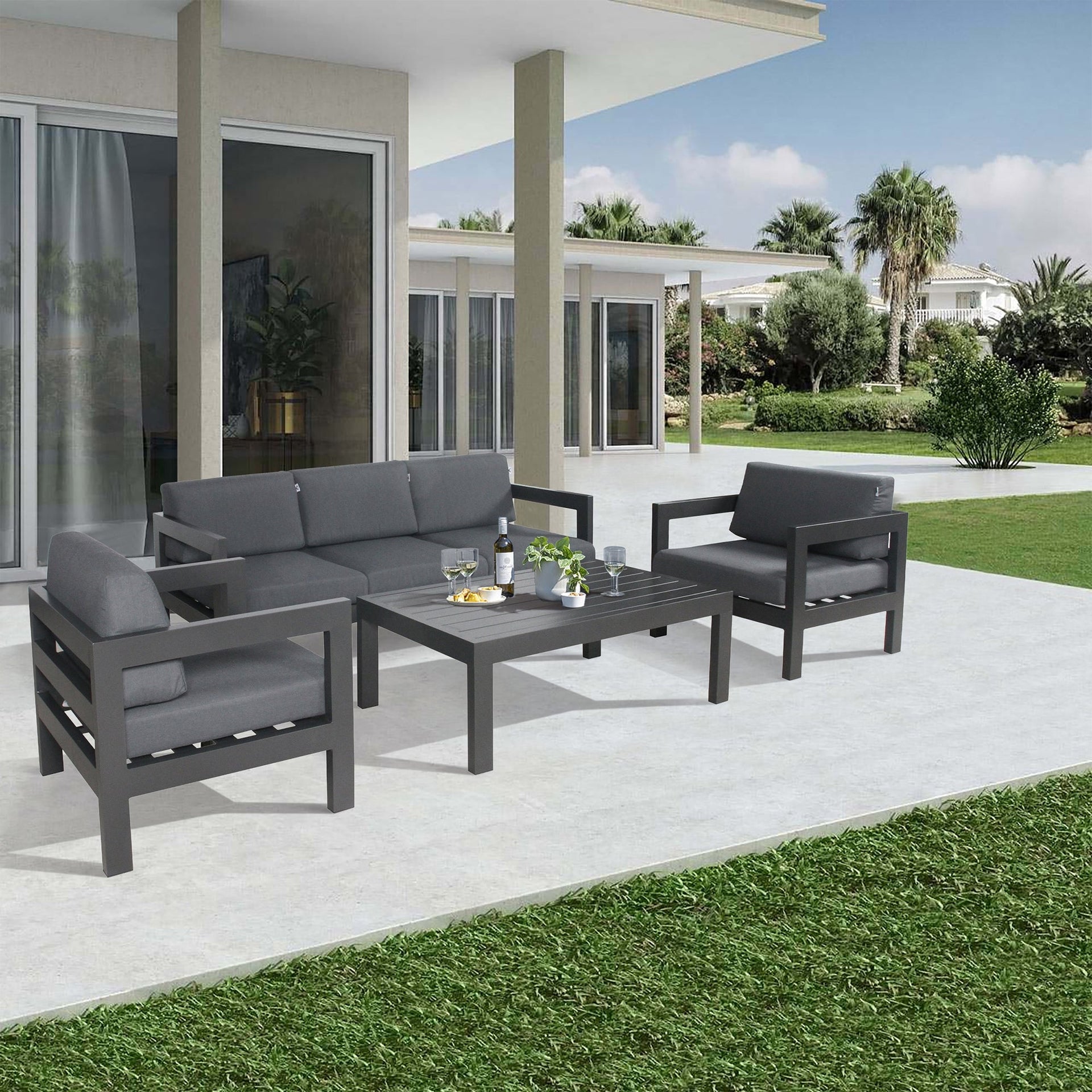 Outie 3pc Set 1+2+3 Seater Outdoor Sofa Lounge Aluminium Frame Charcoal