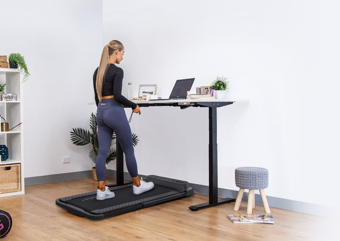 Lifespan Fitness V-FOLD Treadmill with ErgoDesk Automatic Standing Desk 1800mm in White/Black