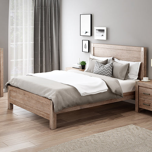 Bed Frame King Size in Solid Wood Veneered Acacia Bedroom Timber Slat in Oak