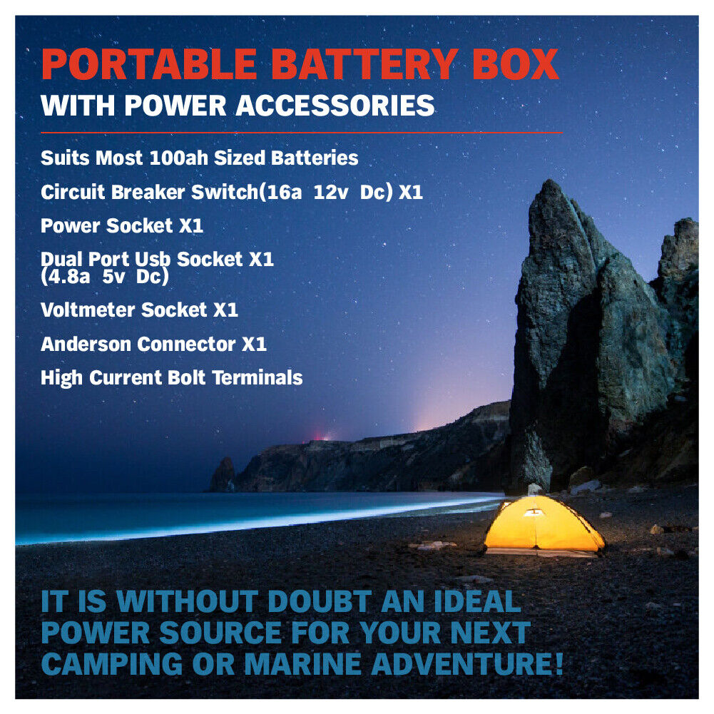 12V 100AH Deep Cycle Battery Box Portable Power Storage Marine Solar USB Camping