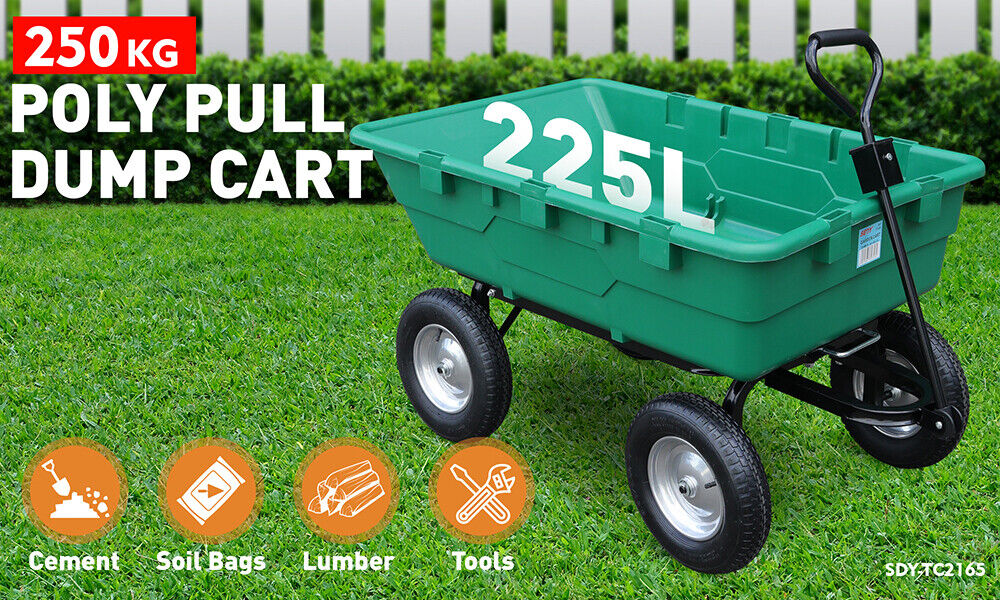 SEDY 225L Poly Pull Dump Cart Garden Hand Trailer Wagon Lawn Wheelbarrow