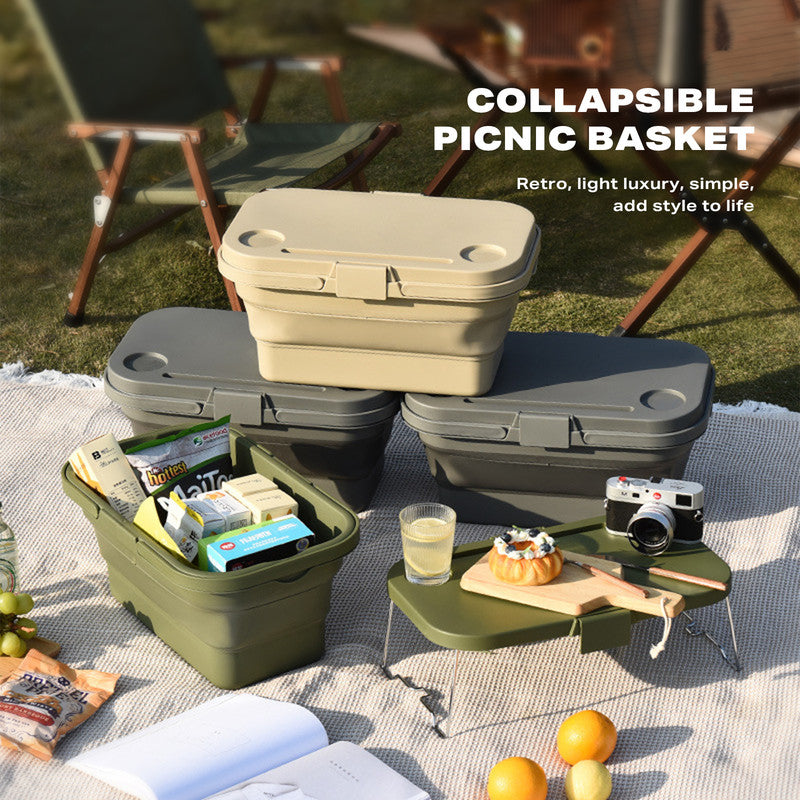 2IN1 Portable Folding Picnic Basket Tour Storage Baskets Outdoor Basket With Lid