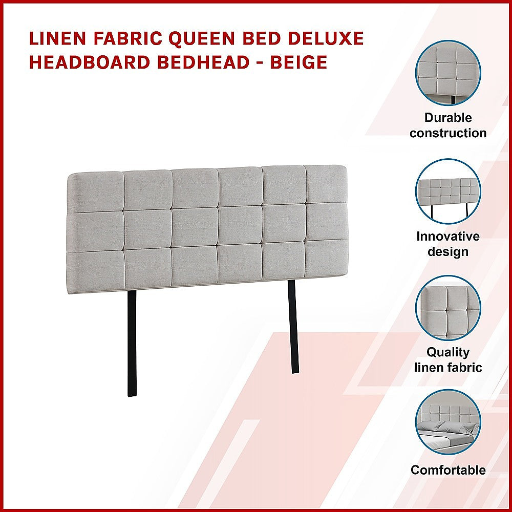 Linen Fabric Queen Bed Deluxe Headboard Bedhead - Beige