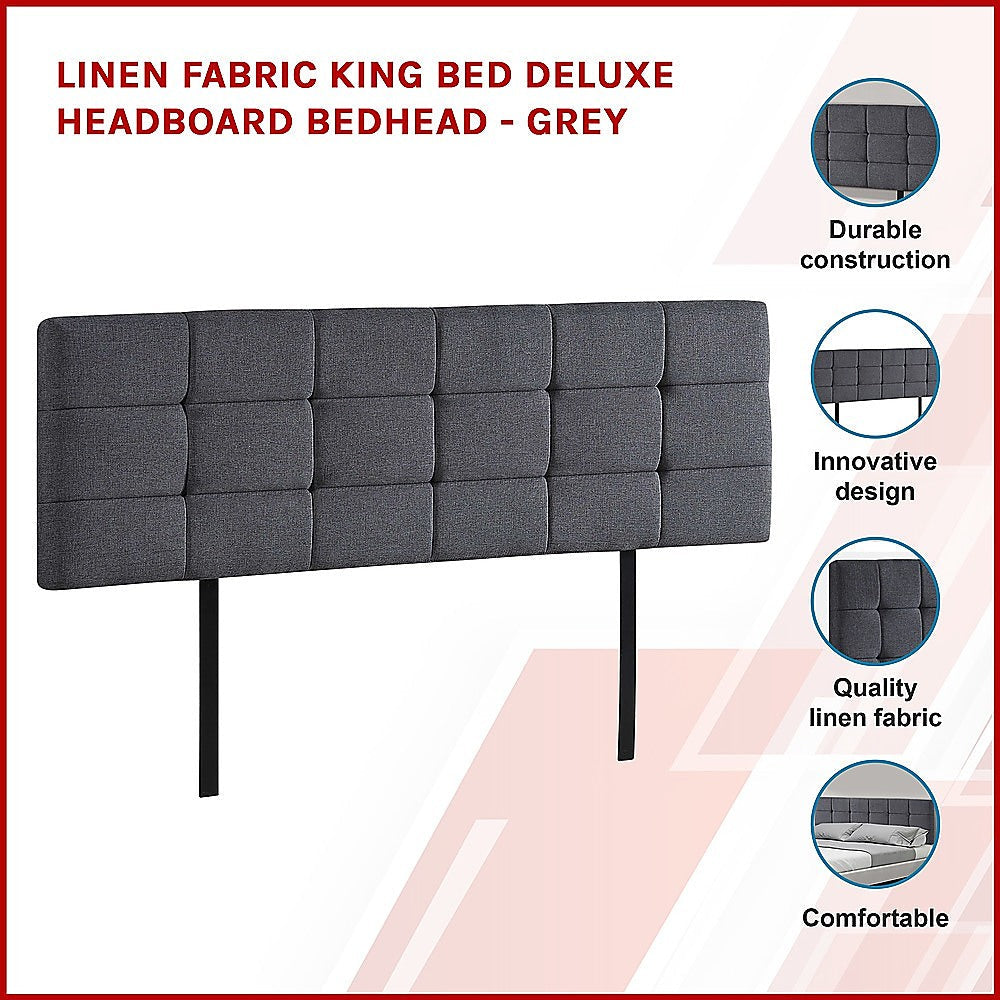 Linen Fabric King Bed Deluxe Headboard Bedhead - Grey