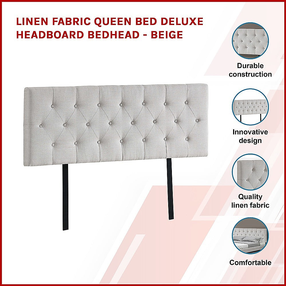 Linen Fabric Queen Bed Deluxe Headboard Bedhead - Beige