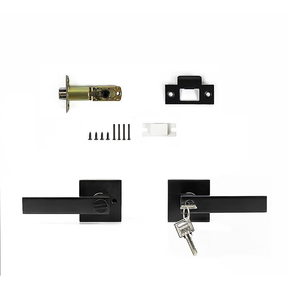 Door Handle Set Lever Key Lock Function Square Black