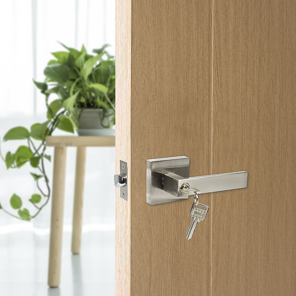 Door Handle Set Lever Key Lock Function Square Satin Nickel