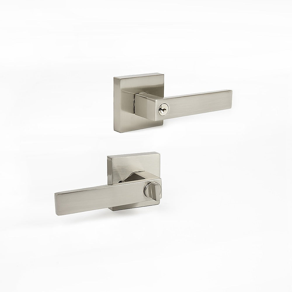 Door Handle Set Lever Key Lock Function Square Satin Nickel