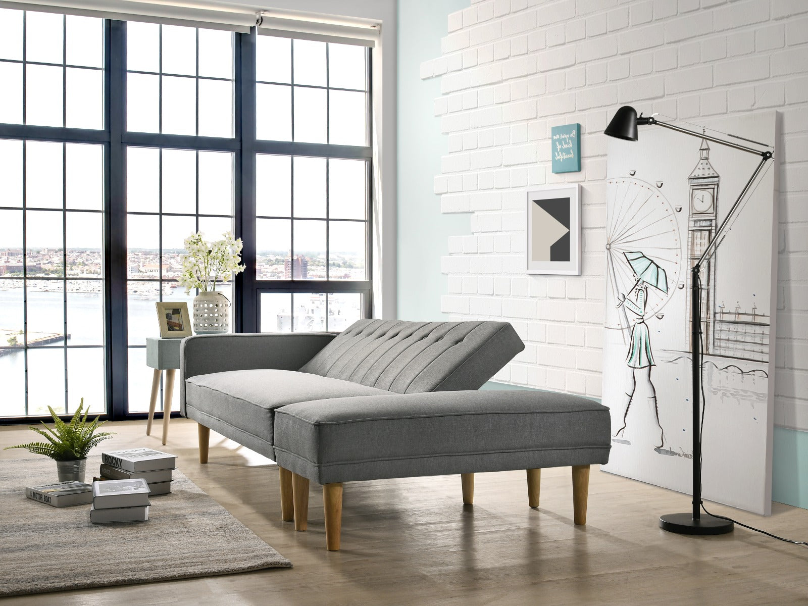 3 Seater Fabric Sofa Bed with Ottoman - Light Grey freeshipping - Awezingly