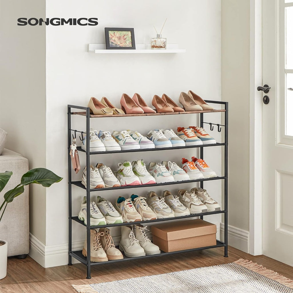 SONGMICS 5 Tier Shoe Rack Storage Organizer for 20-25 Pairs with 4 Hooks Rustic Brown