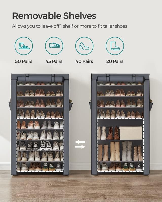 SONGMICS 10-Tier Shoe Rack Storage Cabinet with Dustproof Cover Gray