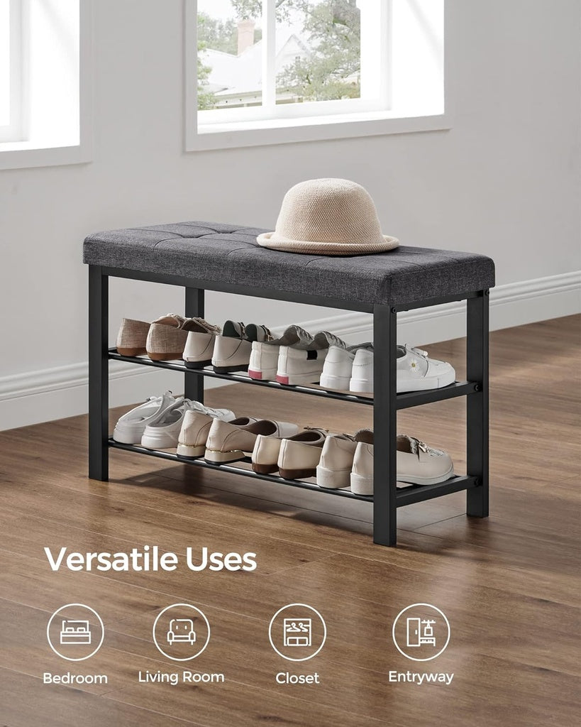 SONGMICS 3-Tier Metal Shoe Bench Storage Organizer with Foam Padded Seat Dark Grey and Black