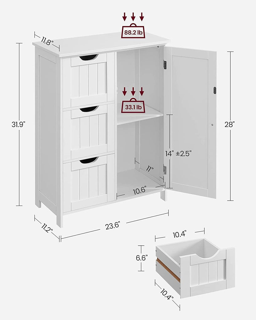 VASAGLE Floor Cabinet with 3 Drawers and Adjustable Shelf White