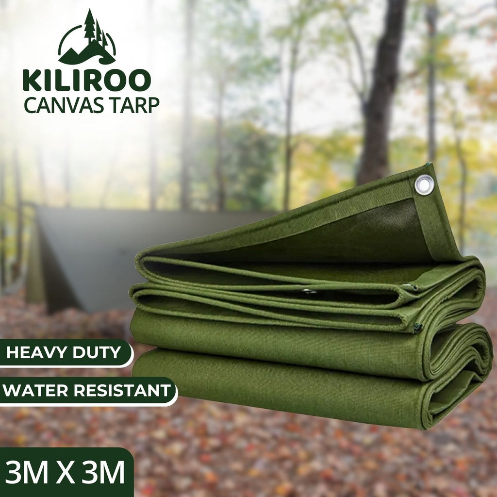 KILIROO 3x3 meter Heavy Duty Waterproof Canvas Tarp - Army Green