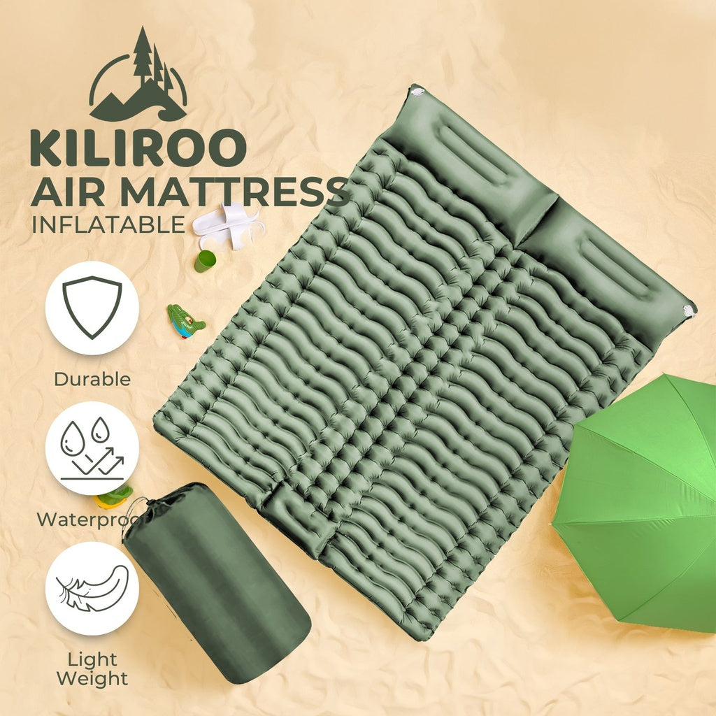 KILIROO Double Inflatable Camping Sleeping Pad with Pillow (Army Green)