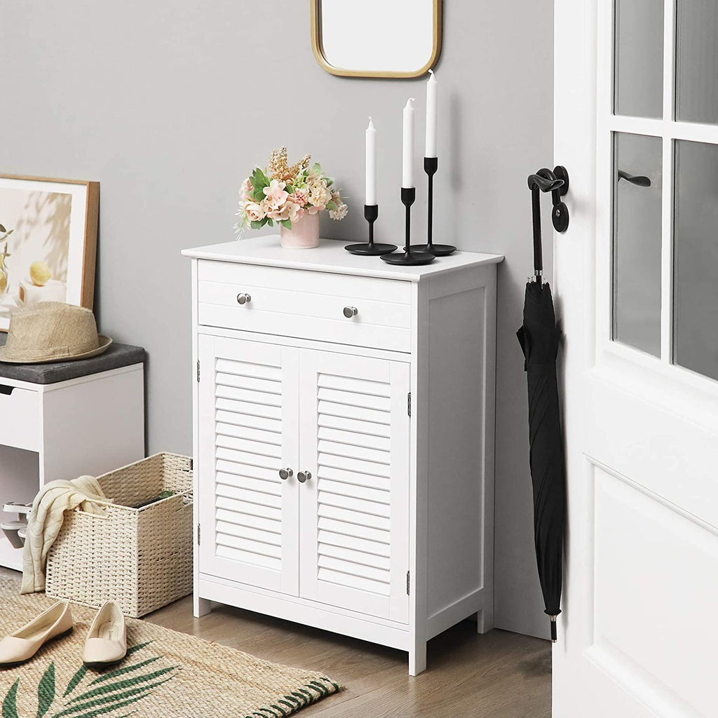 VASAGLE Floor Cabinet with Drawer and 2 Slat Doors White