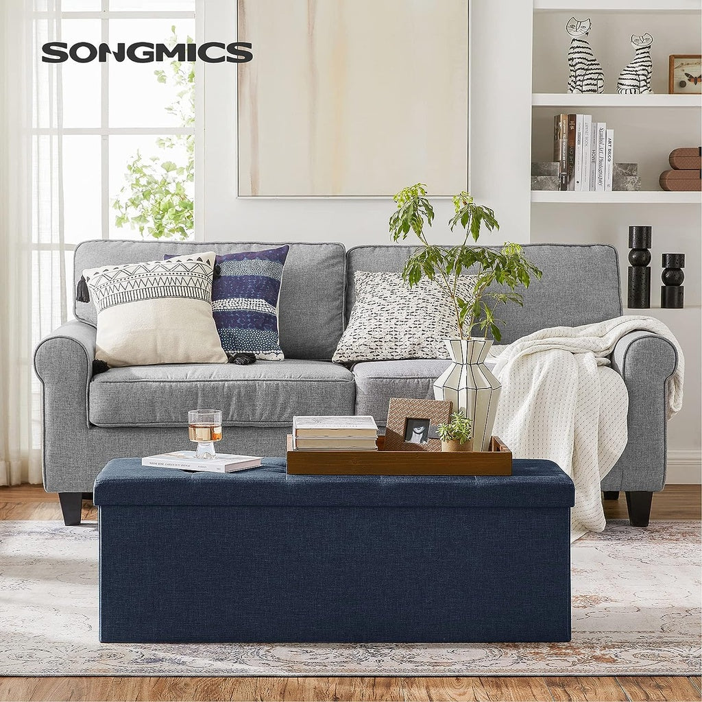 SONGMICS 110cm Foldable Bench with Storage Space and Metal Divider Grid Navy Blue