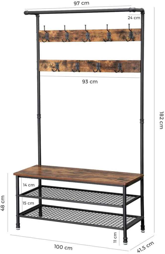 VASAGLE Coat Rack Stand with 9 Hooks and Shoe Rack, Industrial Style, Multifunctional Hall Tree, Sturdy Steel Frame