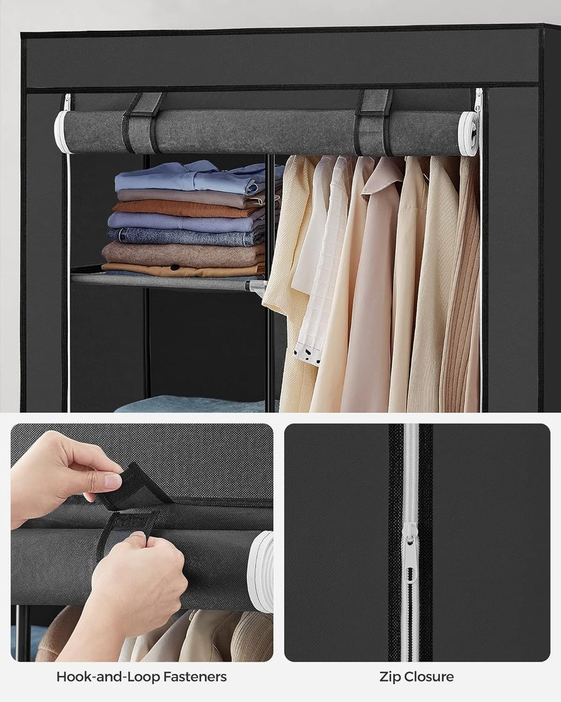 SONGMICS Portable Clothes Storage Organizer with 6 Shelves and 1 Clothes Hanging Rail Black RYG84BK