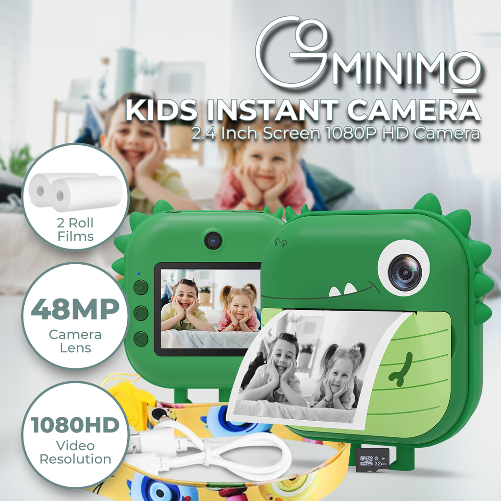 GOMINIMO Instant Print Camera for Kids with Print Paper and 32GB TF Card (Dinasour)