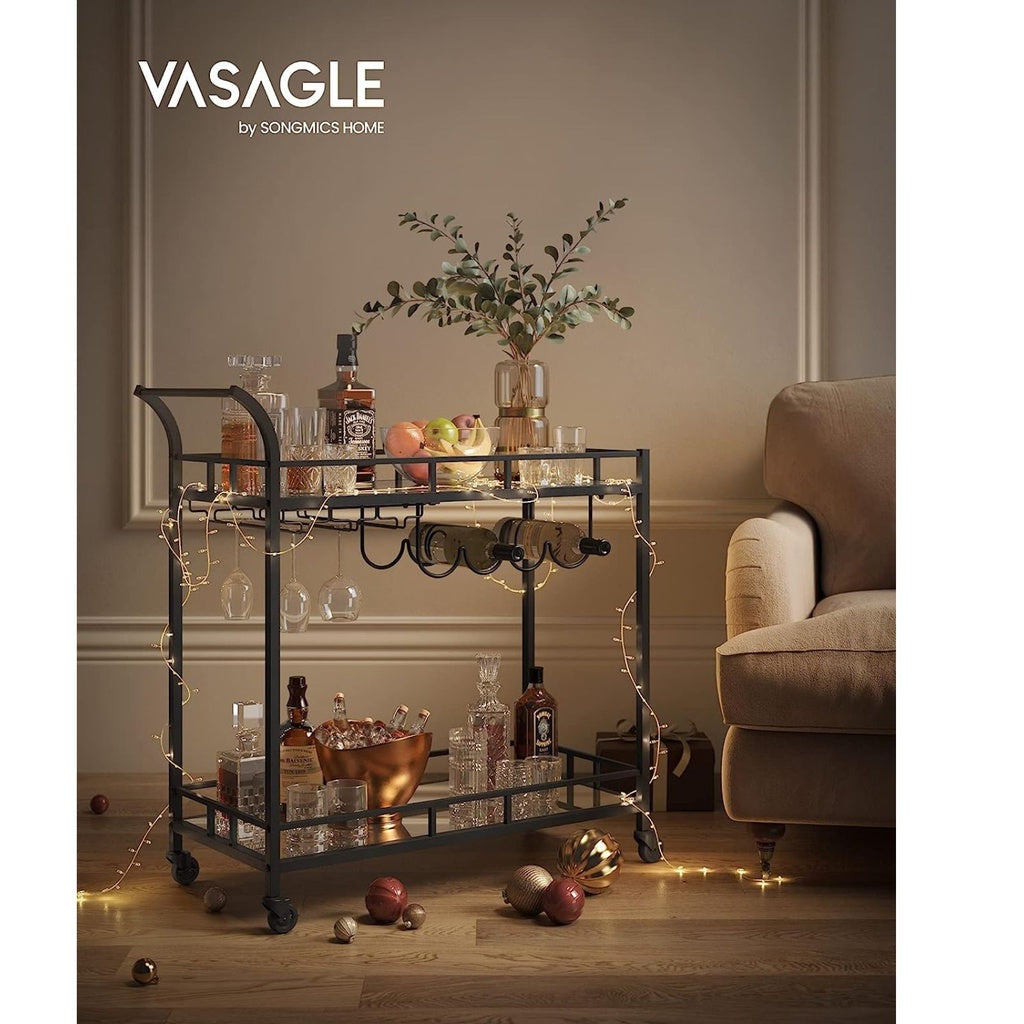 VASAGLE Bar Serving Wine Cart With Wheels And Wine Bottle Holders Black LRC090B62