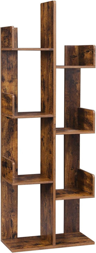 VASAGLE Tree-Shaped Bookcase with 8 Storage Shelves Rounded Corners Rustic Brown