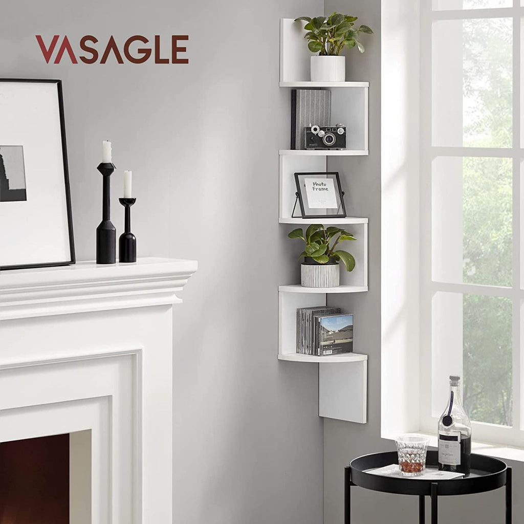 VASAGLE 5-Tier Floating Corner Bookshelf Rustic White LBC72WT