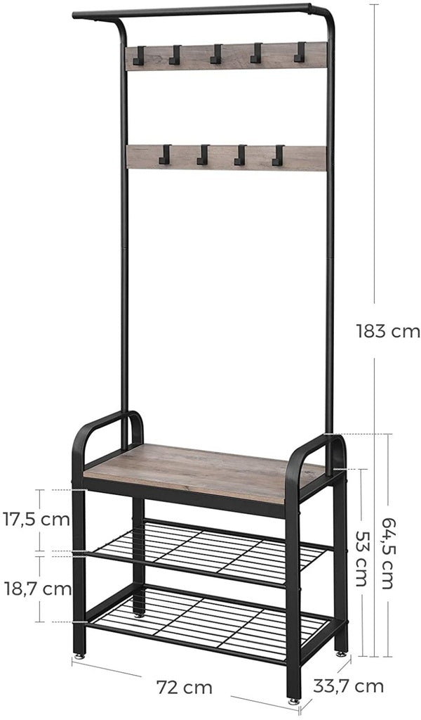 VASAGLE Entryway Hall Tree Coat Rack 183cm Shoe Bench with Shelves Greige and Black