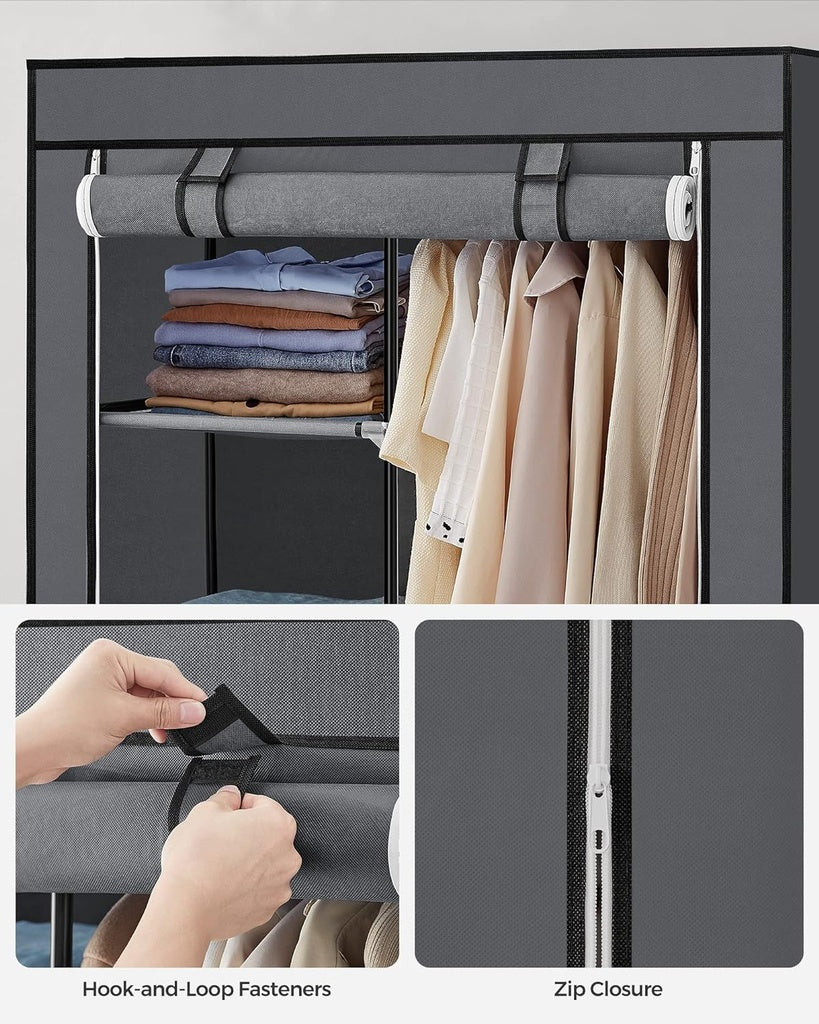 SONGMICS Portable Clothes Storage Organizer with 6 Shelves and 1 Clothes Hanging Rail Grey RYG84GY