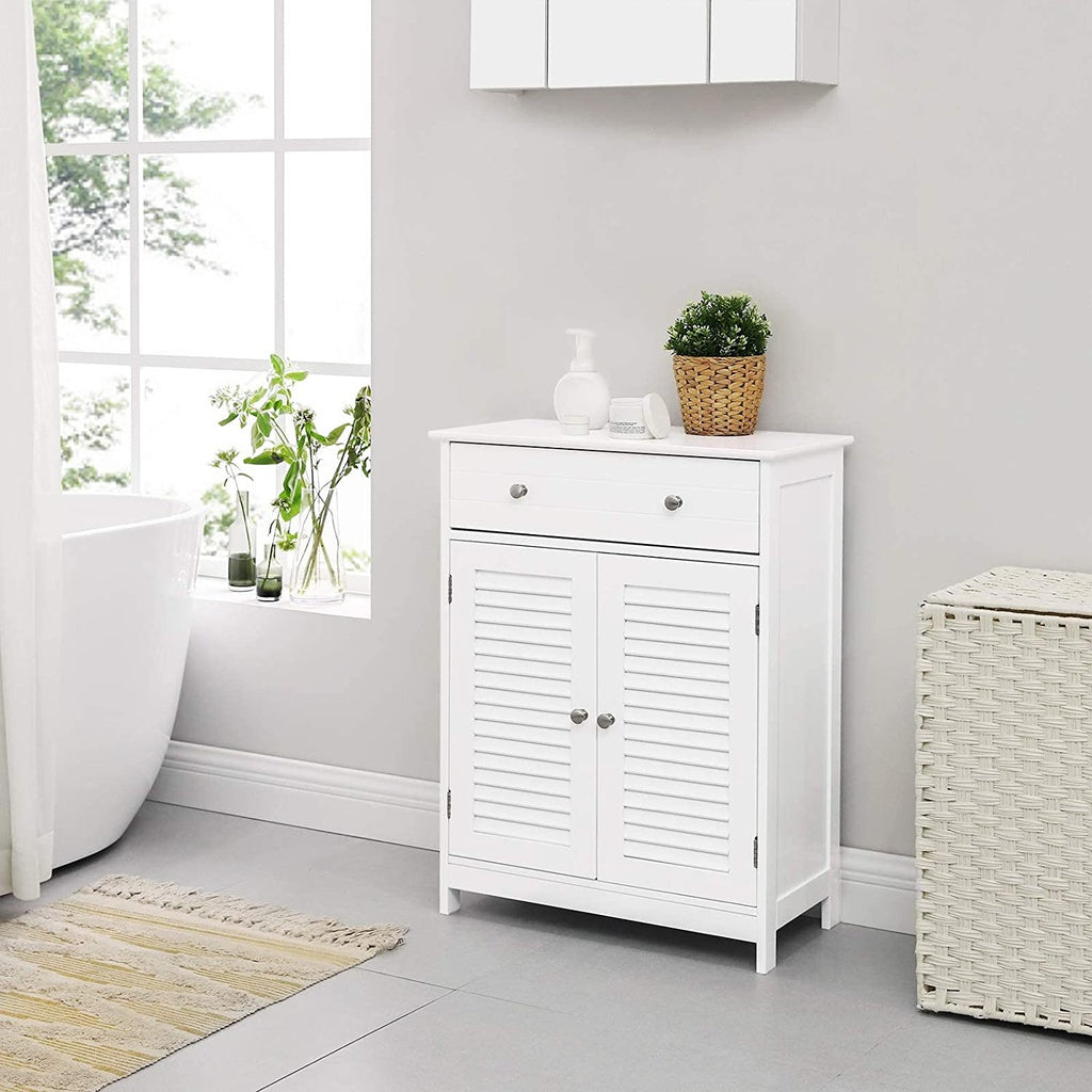 VASAGLE Floor Cabinet with Drawer and 2 Slat Doors White