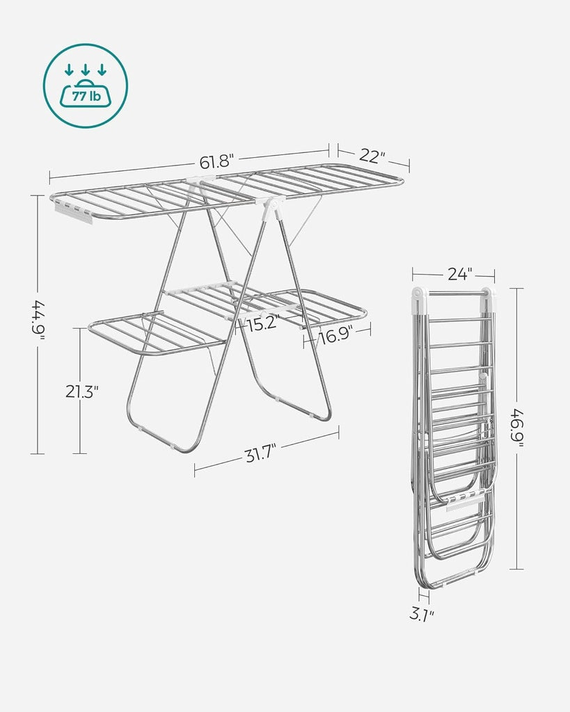 SONGMICS Foldable 2-Level Large Clothes Drying Rack with Adjustable Wings 33 Drying Rails and Clips Silver and White