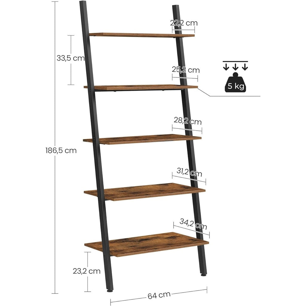 VASAGLE Industrial Ladder Shelf 5-Tier Bookshelf Rack Wall Shelf Rustic Brown and Black