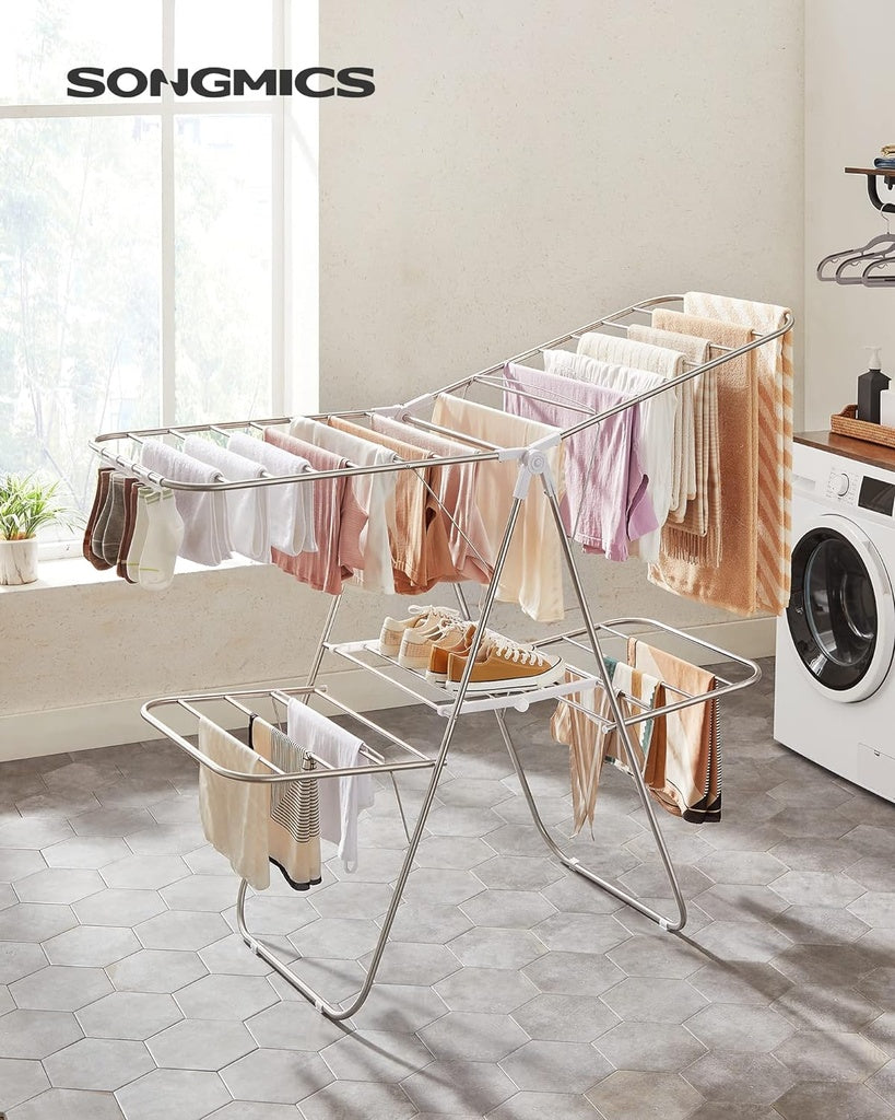 SONGMICS Foldable 2-Level Large Clothes Drying Rack with Adjustable Wings 33 Drying Rails and Clips Silver and White