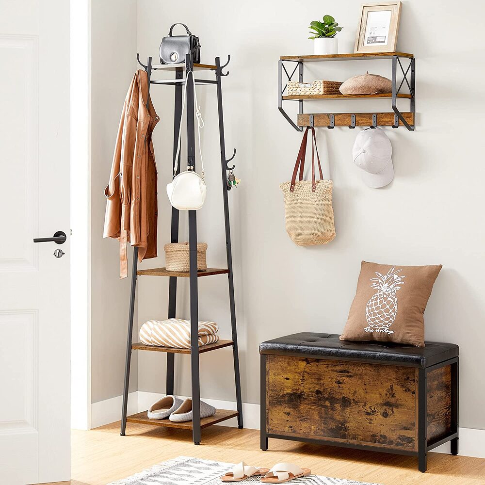 VASAGLE Coat Rack with 3 Shelves Rustic Brown and Black