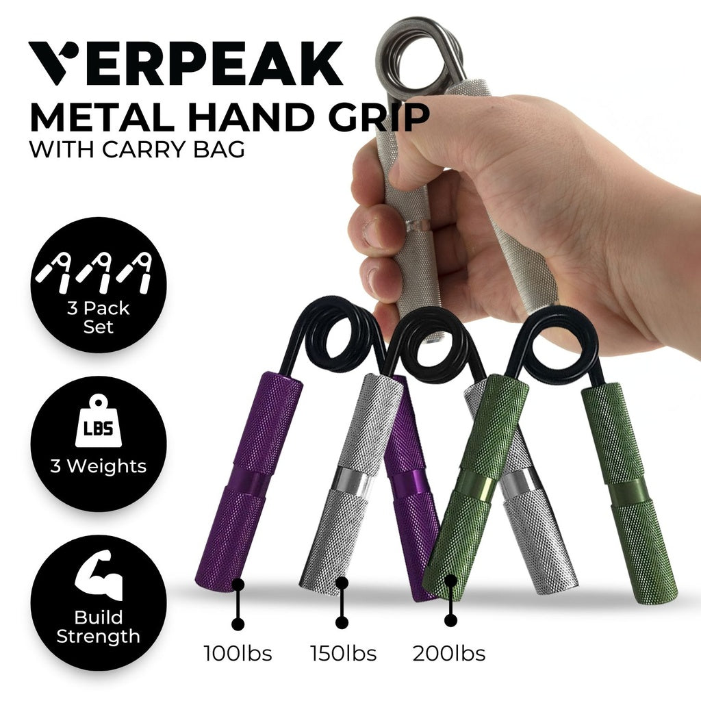 VERPEAK 3 Pack Metal Hand Grip Strengthener Set with Carry Bag (100lb Purple, 150lb Silver, 200lb Green) VP-HG-101-BT