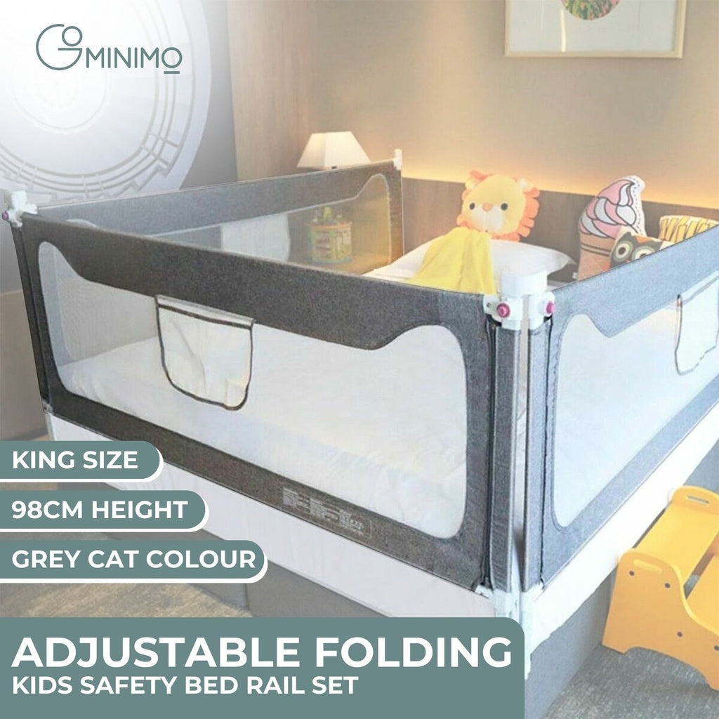 GOMINIMO 98CM Height Adjustable Folding Kids Safety King Size Bed Rail Set (1pcs 180X98CM + 2pcs 200X98CM, Grey) GO-SBR-104-JL