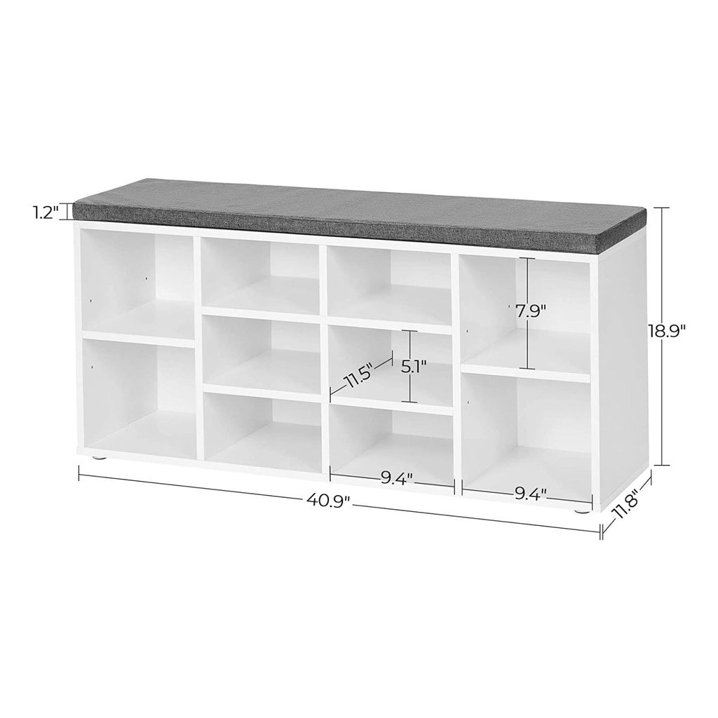 VASAGLE Storage Shoe Bench 10 Compartments with Cushion White and Gray LHS010W01