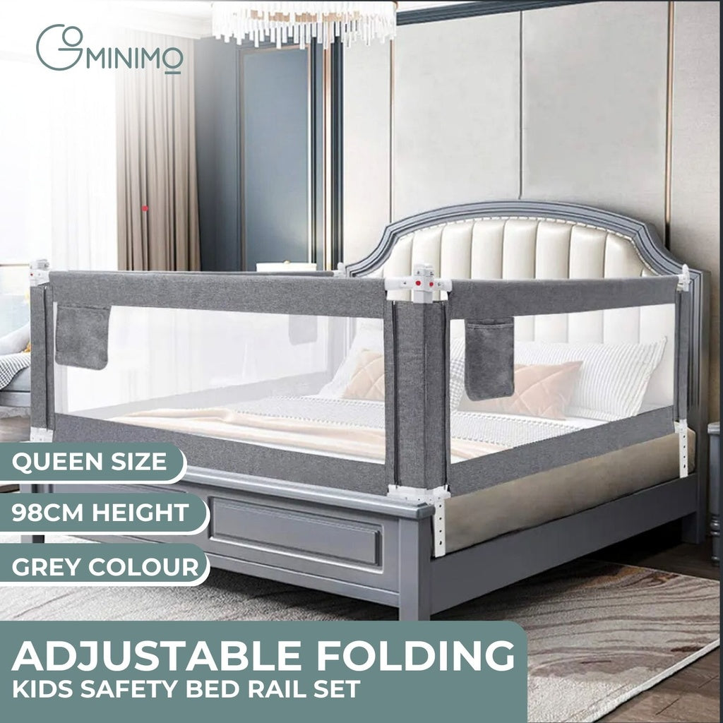 GOMINIMO 98CM Height Adjustable Folding Kids Safety Queen Size Bed Rail Set (1pcs 150X98CM + 2pcs 200X98CM, Grey) GO-SBR-103-JL