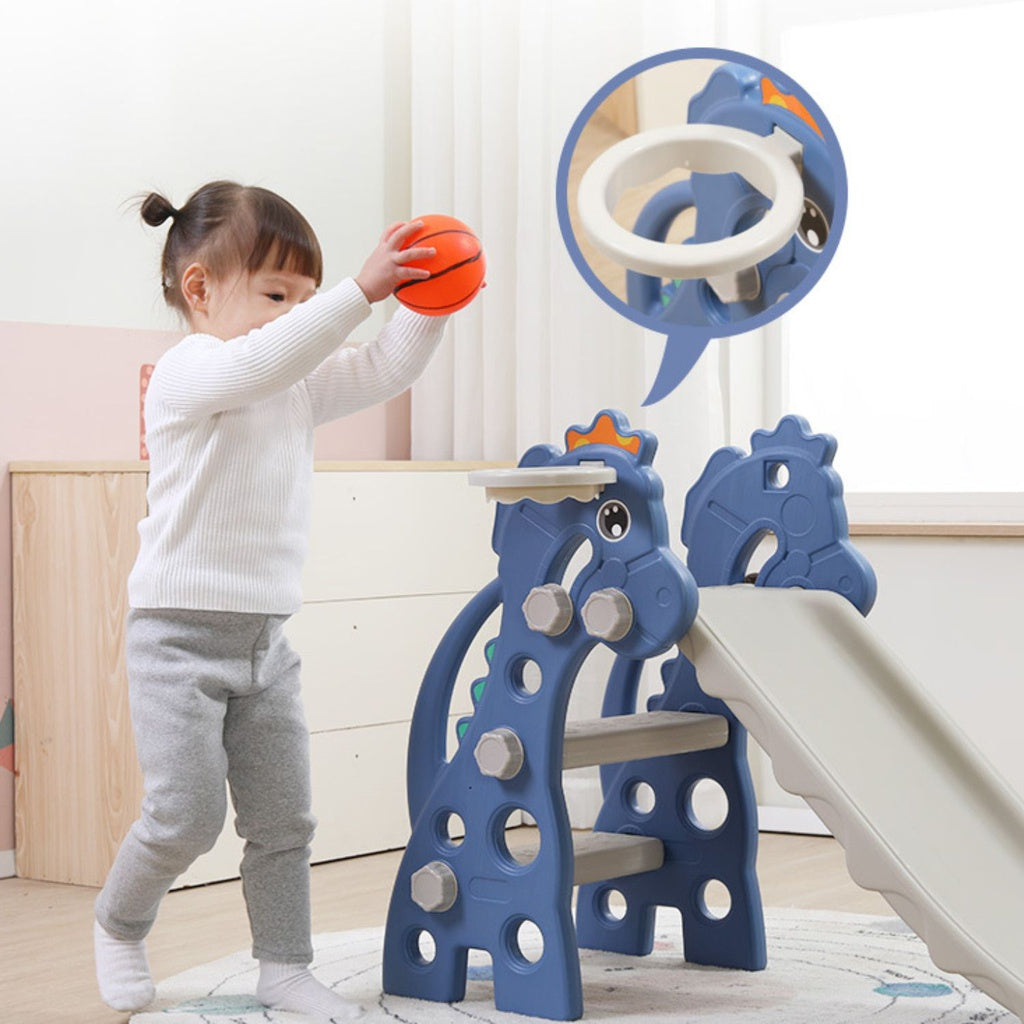 GOMINIMO Kids Slide with Basketball Hoop (Blue Horse)