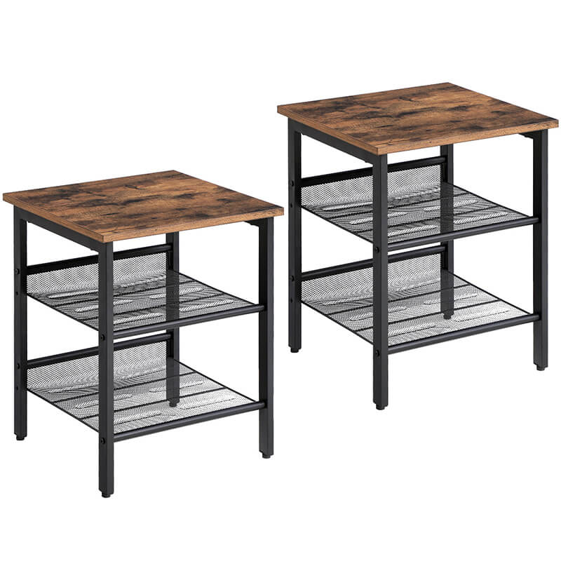 VASAGLE Side Table Set Nightstand Industrial Set of 2 Bedside Tables with Adjustable Mesh Shelves Rustic Brown and Black