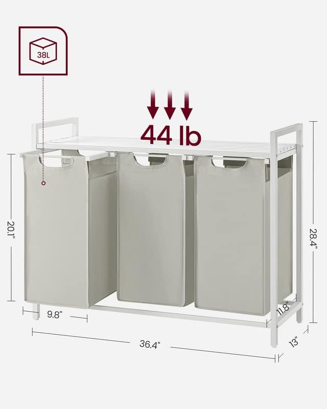 VASAGLE Laundry Hamper with Shelf and Pull-Out Bag 3 x 38L White